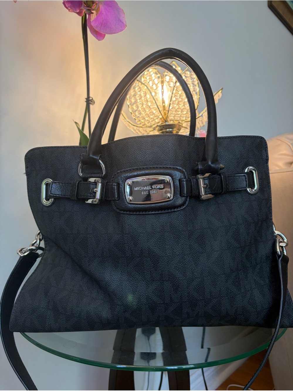 Michael Kors Black Logo Tote with Silver Hardware